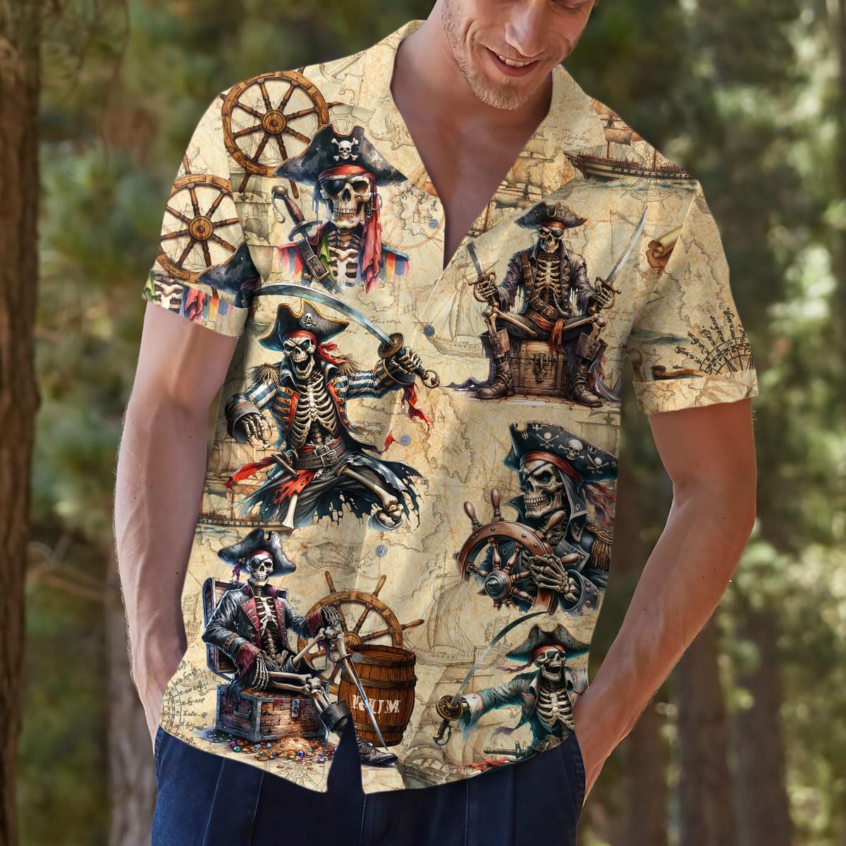 Skeleton Pirate Hawaiian Shirt - Halloween Pirate Aloha Shirt for Men