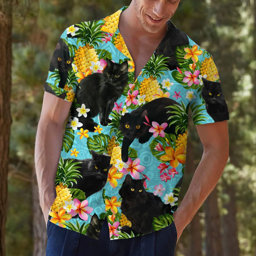 Black Cat Hawaiian Shirt - Tropical Pineapple & Floral Print Aloha Shirt