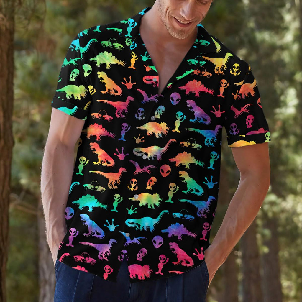 Rainbow Dinosaur Alien Hawaiian Shirt - Neon Galaxy Party Vibes