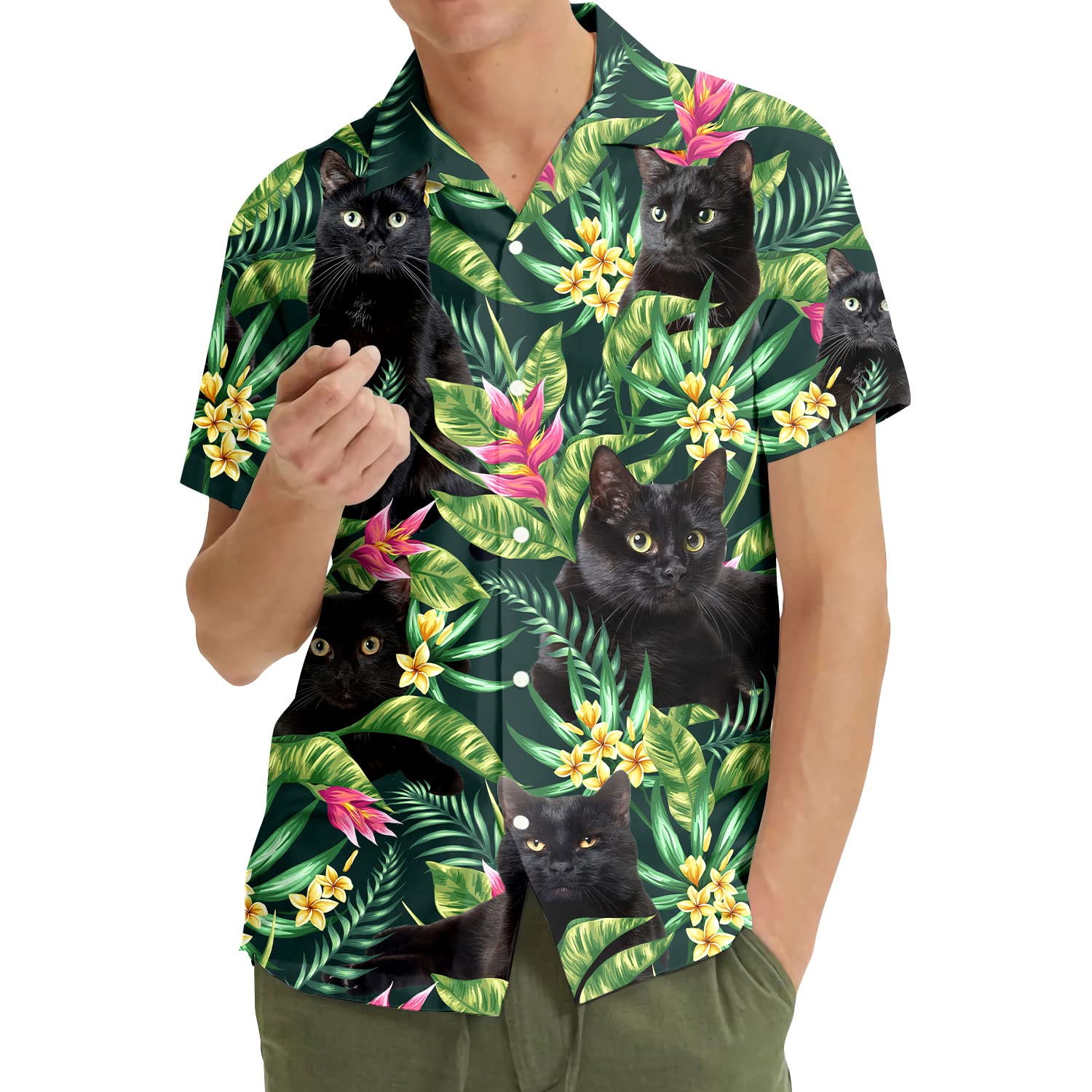 Black Cat Hawaiian Shirt - Tropical Jungle Aloha Shirt for Cat Lovers
