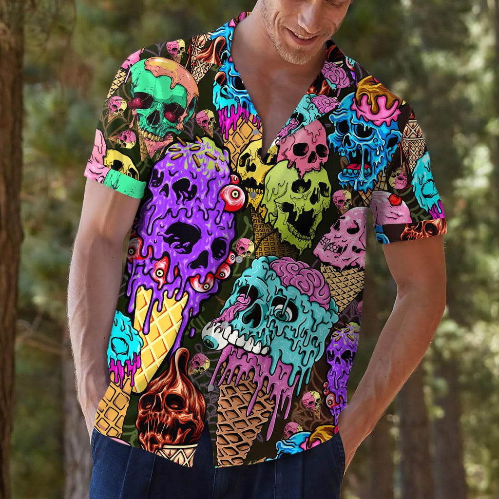 Creepy Ice Cream Skull Hawaiian Shirt - Halloween Horror Style Aloha Shirt