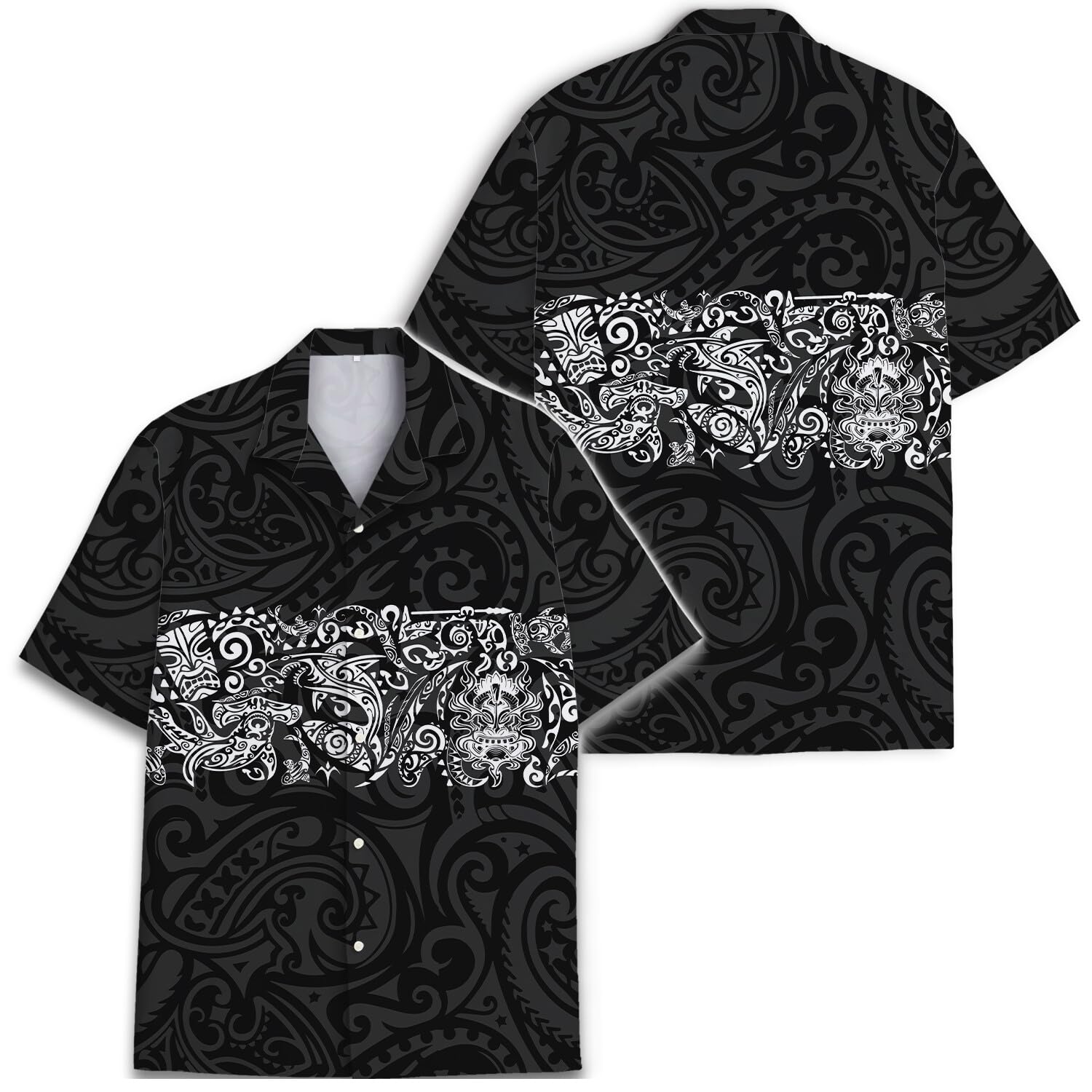 Black & White Polynesian Tribal Hawaiian Shirt - Island Warrior Style
