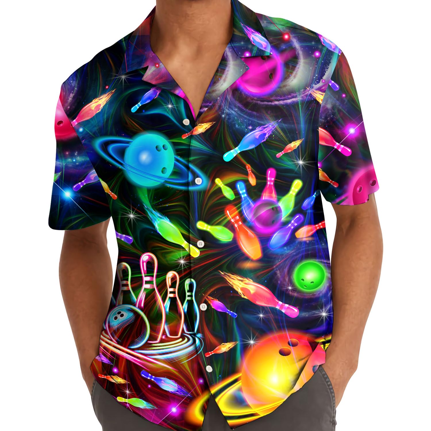 Galaxy Bowling Hawaiian Shirt - Cosmic Strikes & Neon Pins