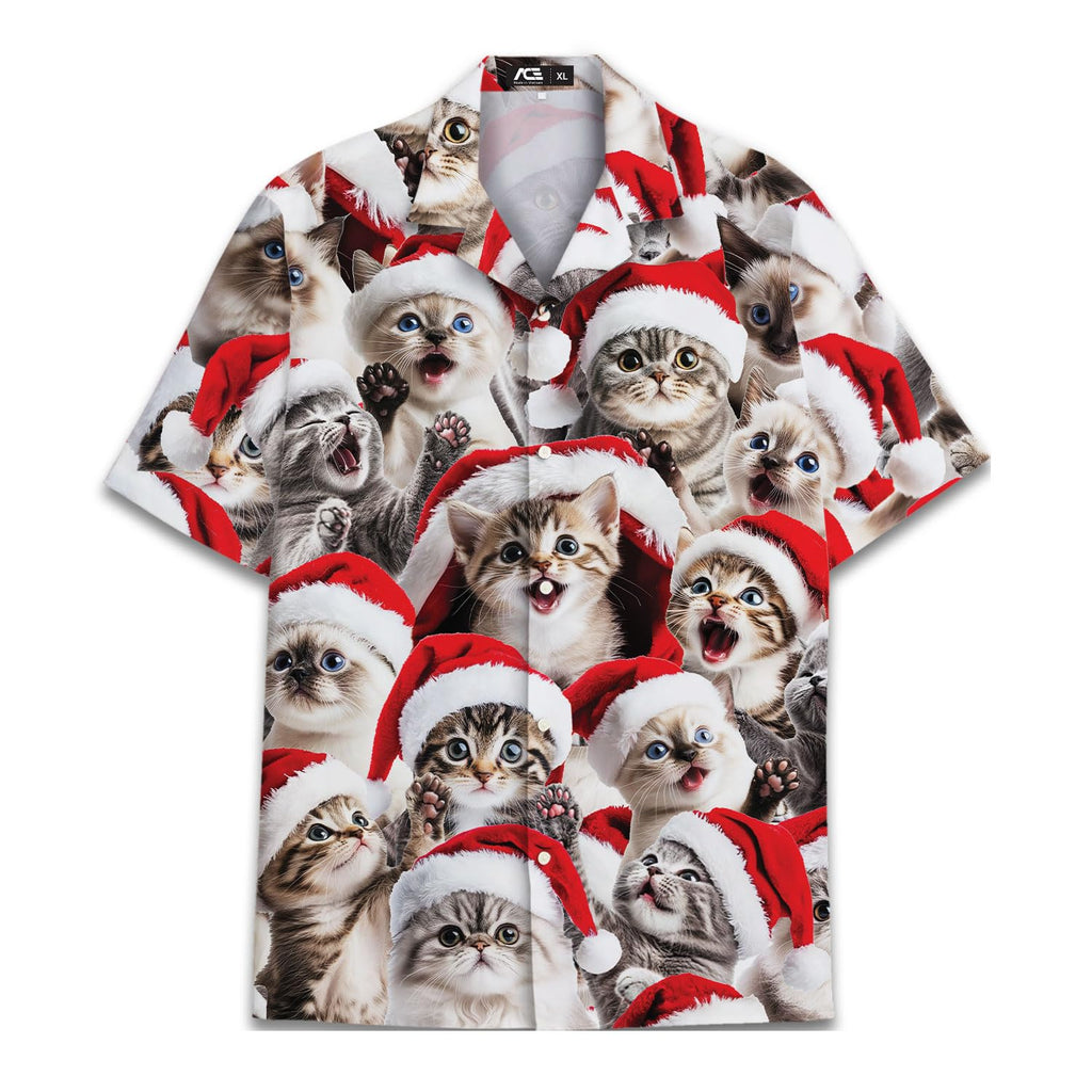 Christmas Cat Hawaiian Shirt - Cute Kittens in Santa Hats Aloha Shirt