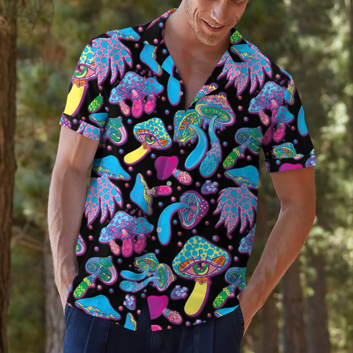 Psychedelic Mushroom Hawaiian Shirt - Trippy Neon Aloha Shirt for Festivals