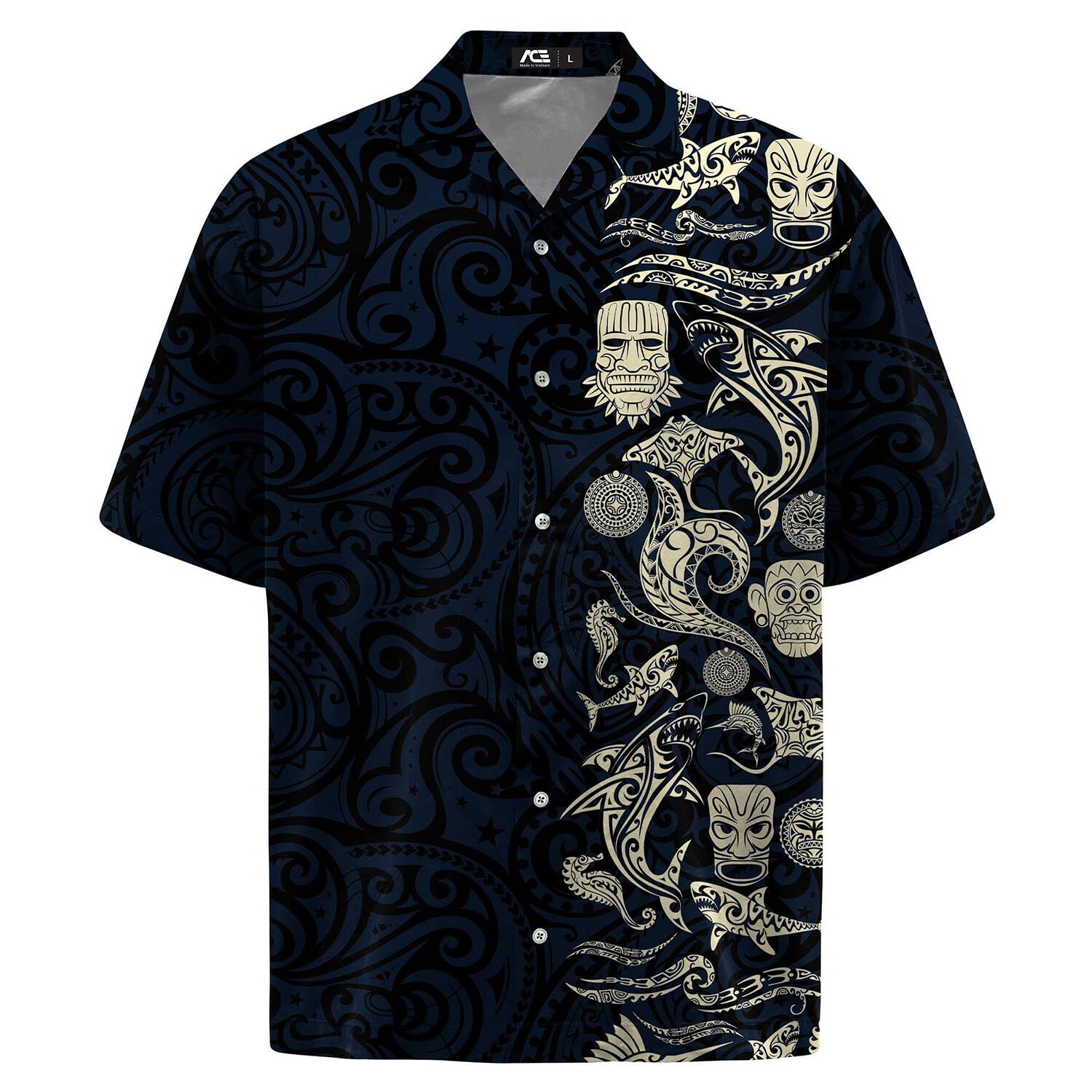 Polynesian Tribal Hawaiian Shirt - Black & Ivory Tiki Island Print
