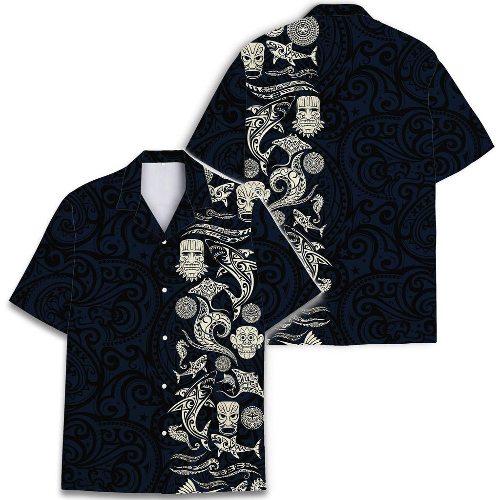 Polynesian Tribal Hawaiian Shirt - Black & Ivory Tiki Island Print