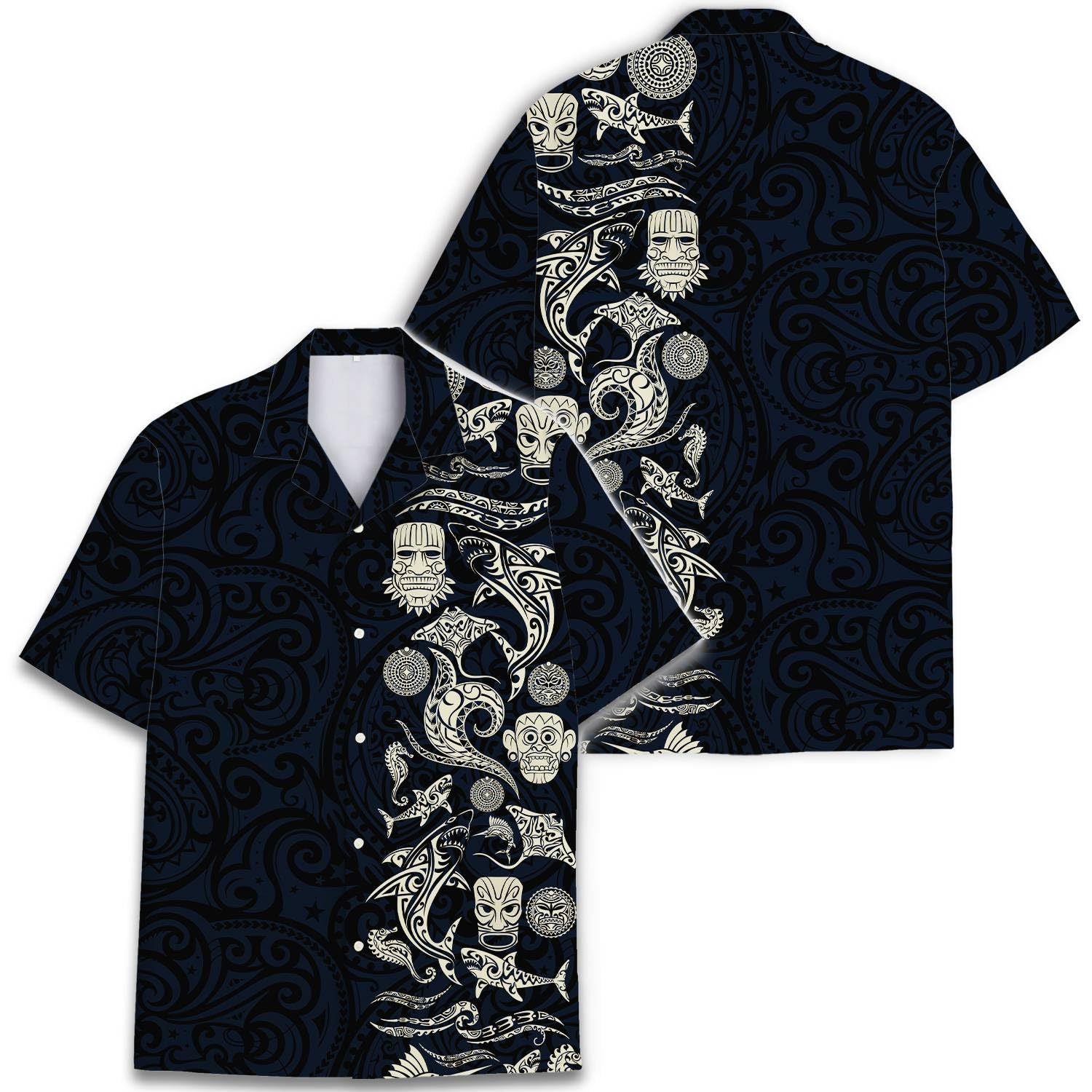 Polynesian Tribal Hawaiian Shirt - Black & Ivory Tiki Island Print