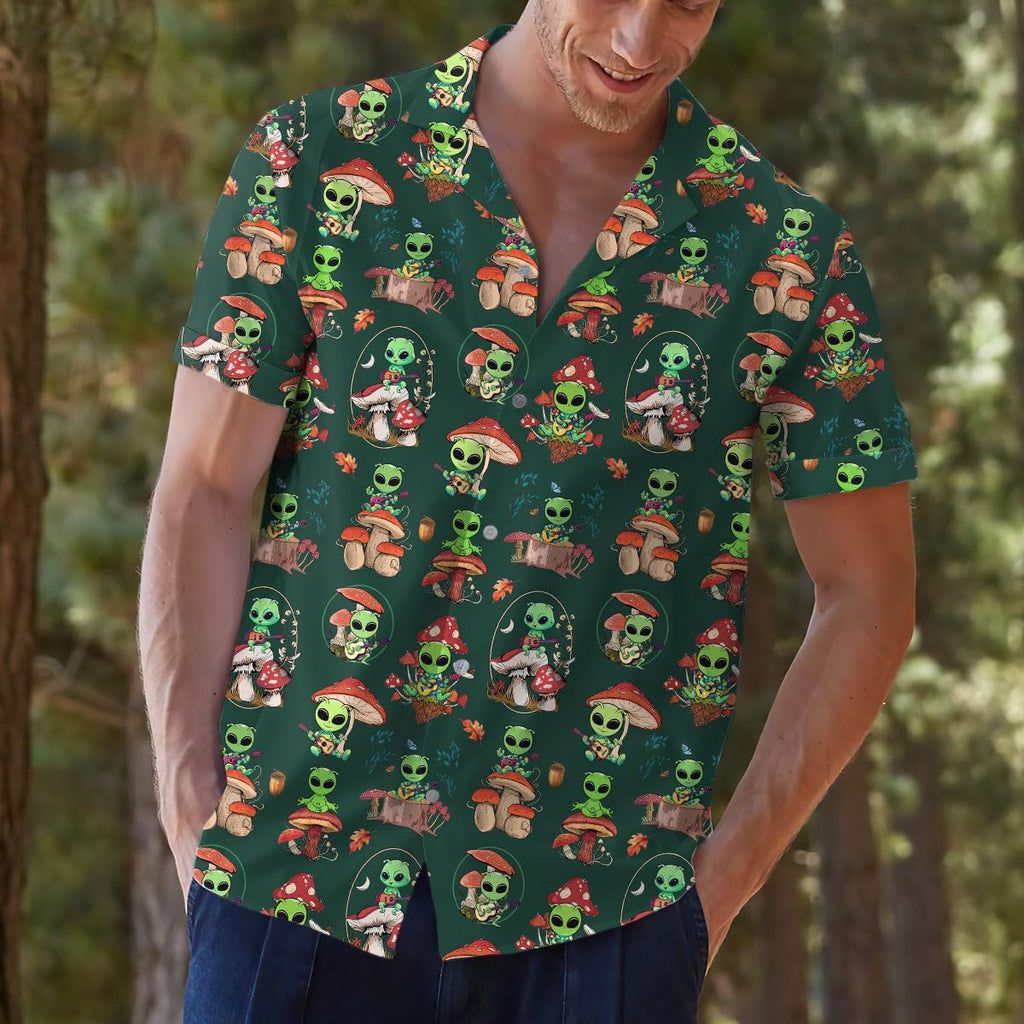 Alien Mushroom Hawaiian Shirt - Trippy Forest Alien Aloha Shirt