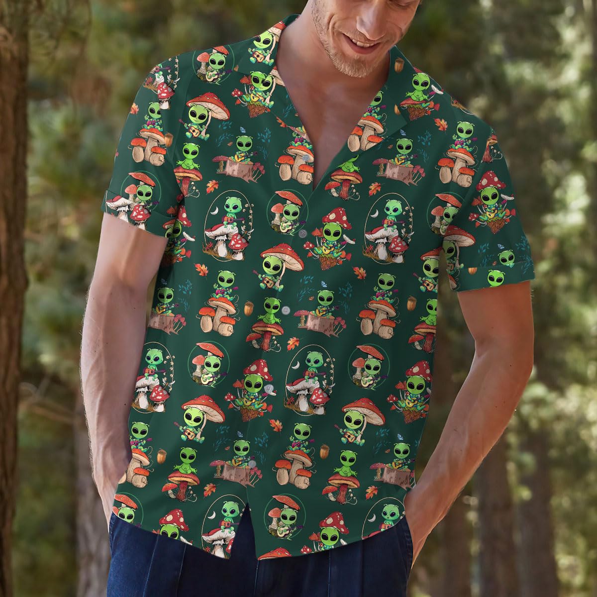 Alien Mushroom Hawaiian Shirt - Trippy Forest Alien Aloha Shirt