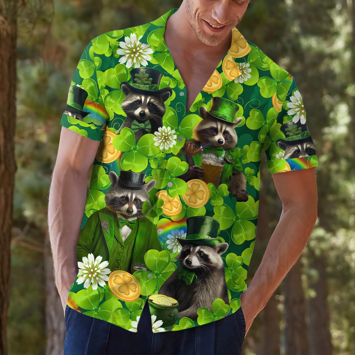 St. Patrick's Day Raccoon Hawaiian Shirt - Lucky Leprechaun Clover Print