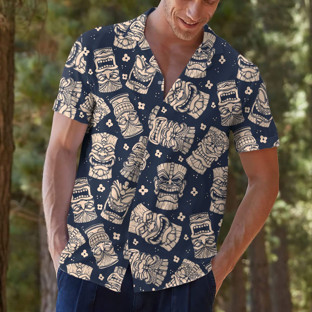 Navy Tiki Hawaiian Shirt - Tribal Mask Aloha Print Shirt for Men