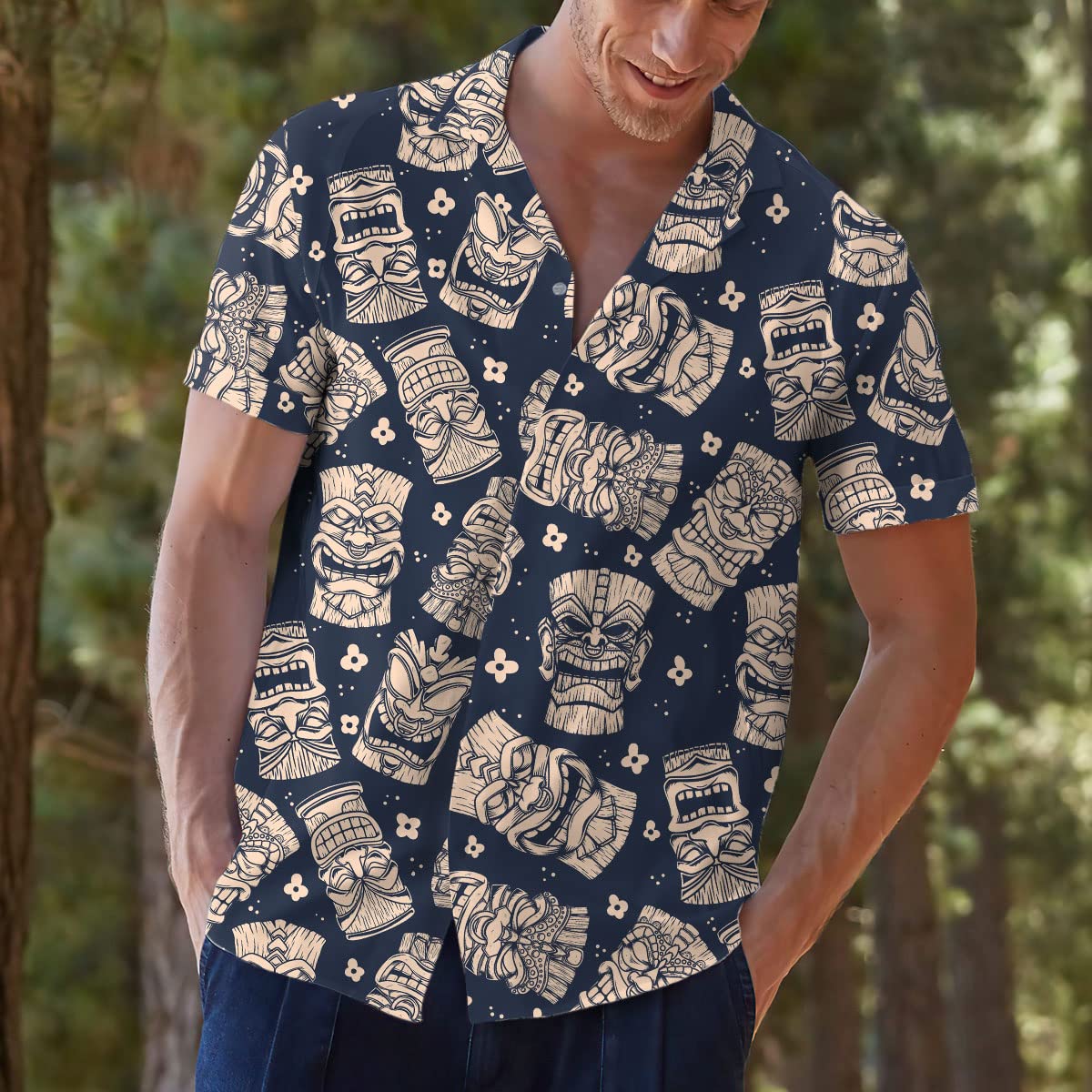Navy Tiki Hawaiian Shirt - Tribal Mask Aloha Print Shirt for Men