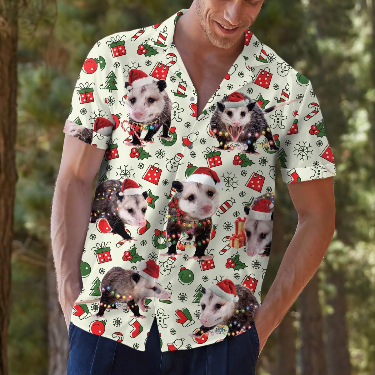 Funny Christmas Possum Hawaiian Shirt - Holiday Pattern Aloha Shirt