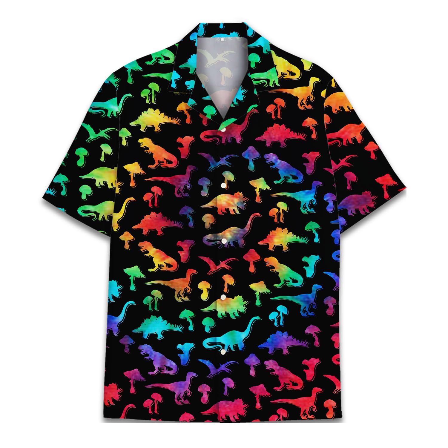 Rainbow Dinosaur Hawaiian Shirt - Colorful Dino & Mushroom Print