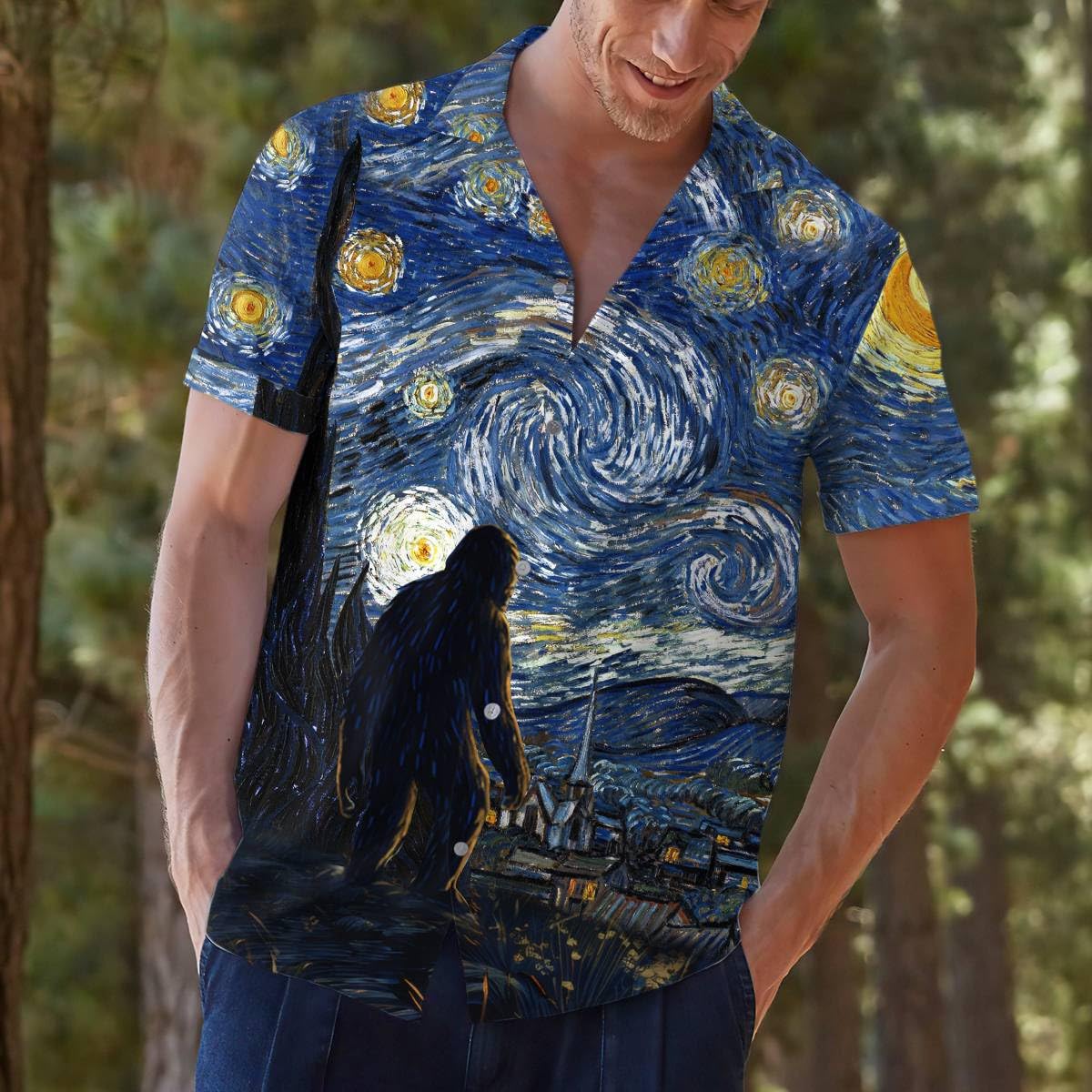 Bigfoot Starry Night Hawaiian Shirt - Funny Cryptid Art Tee