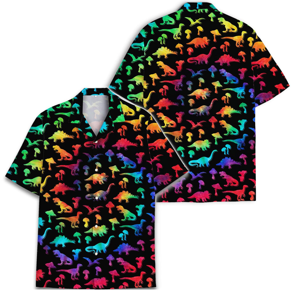 Rainbow Dinosaur Hawaiian Shirt - Colorful Dino & Mushroom Print