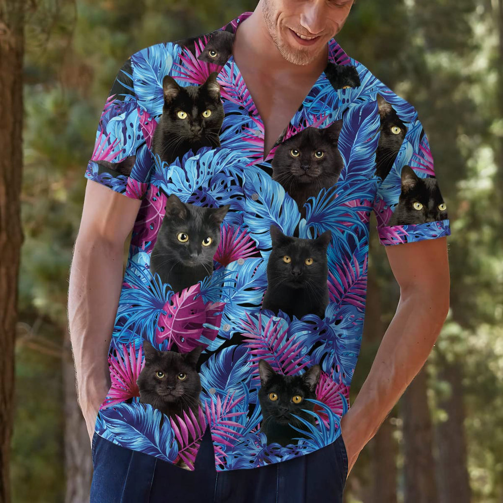 Black Cat Hawaiian Shirt - Tropical Jungle Leaves Aloha Shirt for Cat Lovers