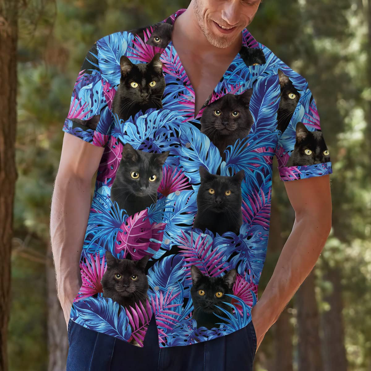 Black Cat Hawaiian Shirt - Tropical Jungle Leaves Aloha Shirt for Cat Lovers
