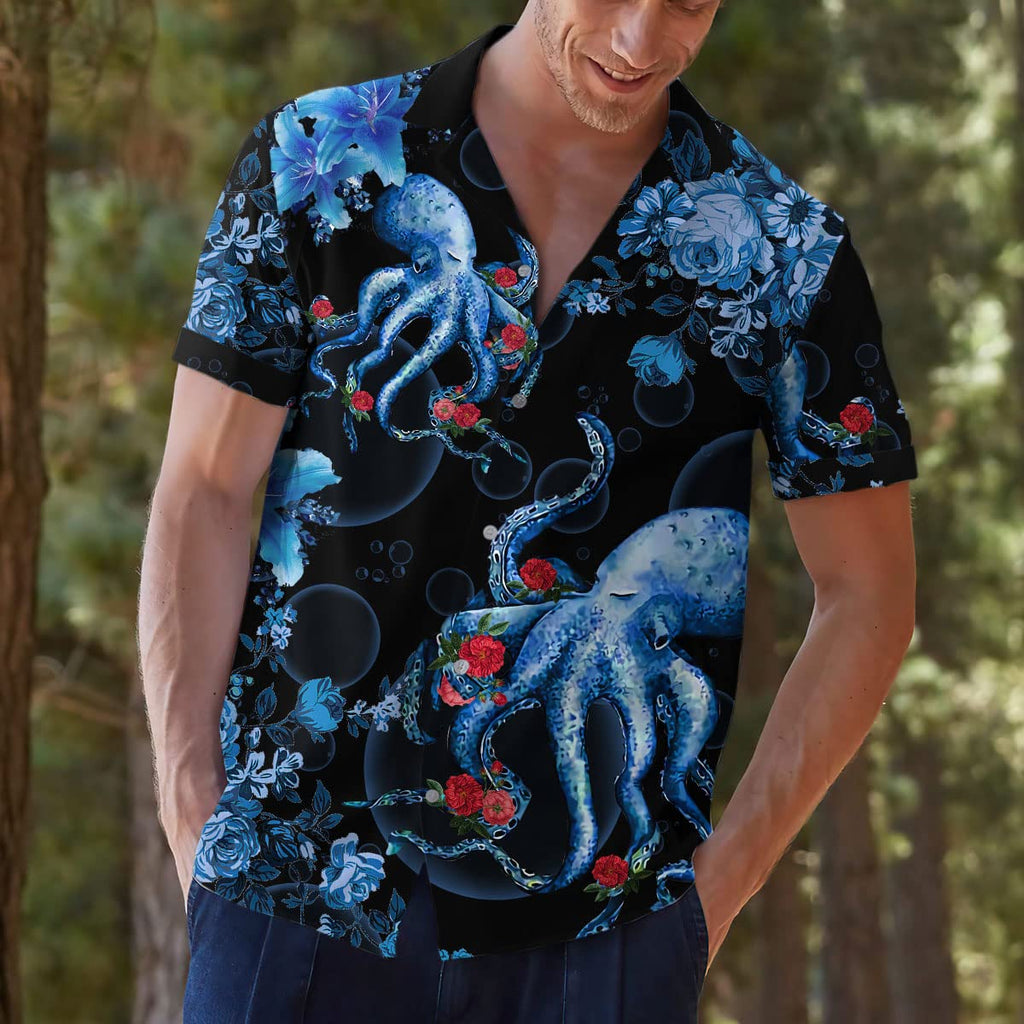 Octopus Floral Hawaiian Shirt - Blue Tentacle & Rose Print Aloha Shirt