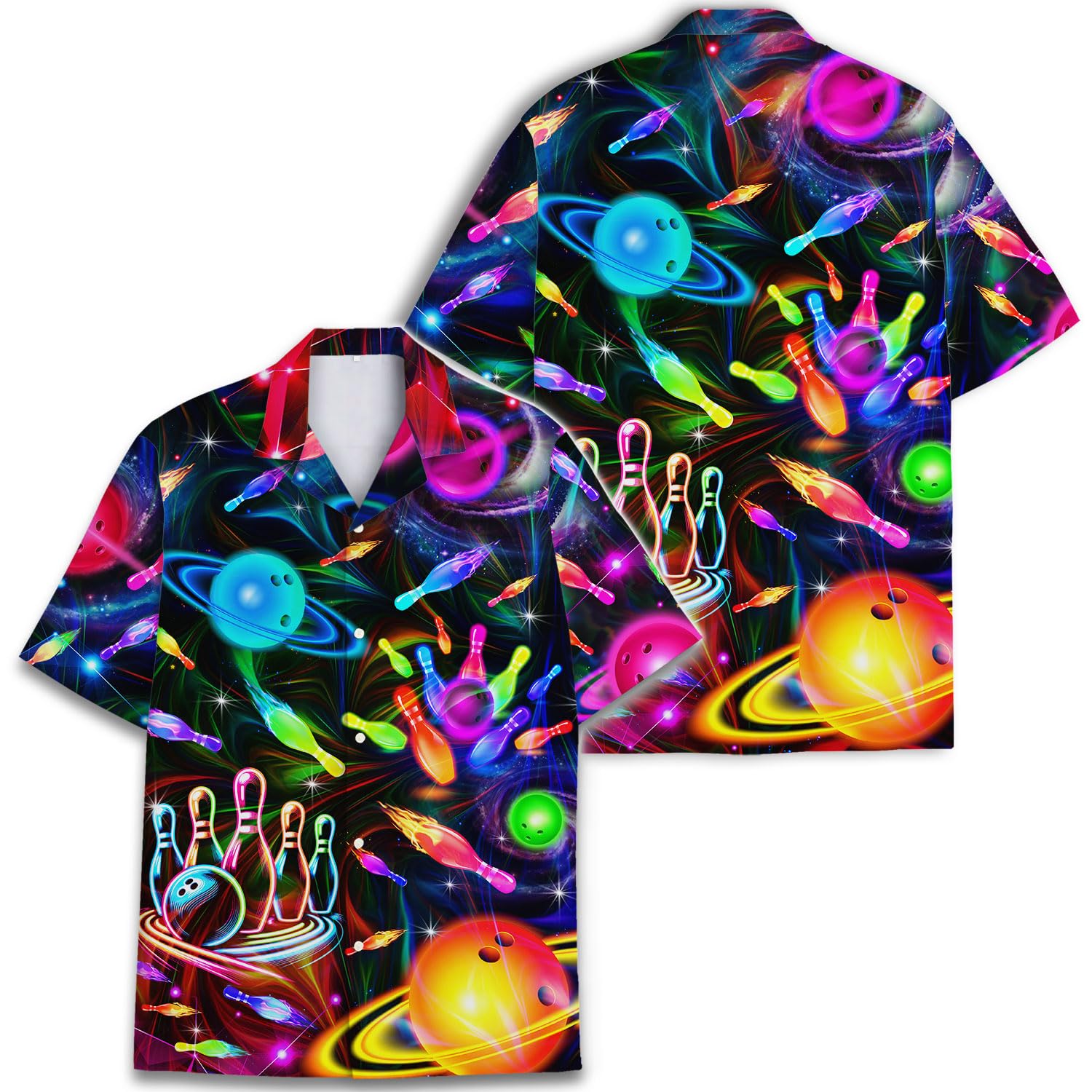 Galaxy Bowling Hawaiian Shirt - Cosmic Strikes & Neon Pins