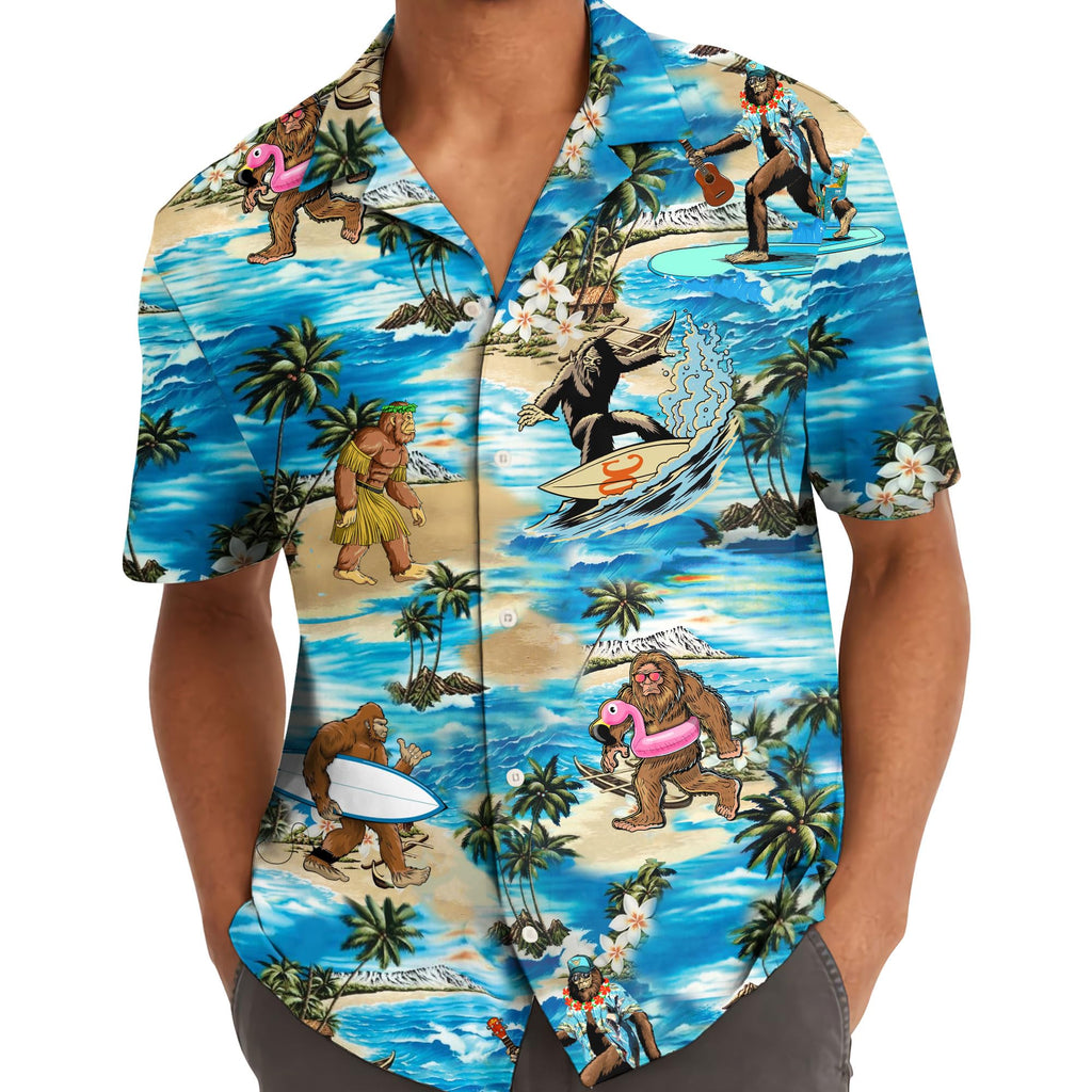 Funny Bigfoot Beach Hawaiian Shirt - Surfing Sasquatch Tropical Print