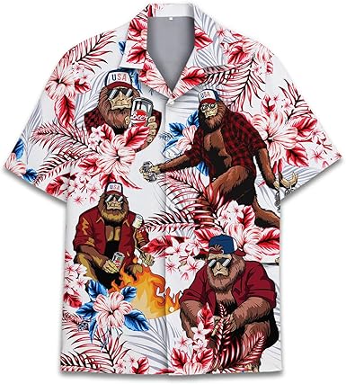 Men's Hawaiian Shirt with USA Bigfoot Graphic Print, Casual Summer Shirt