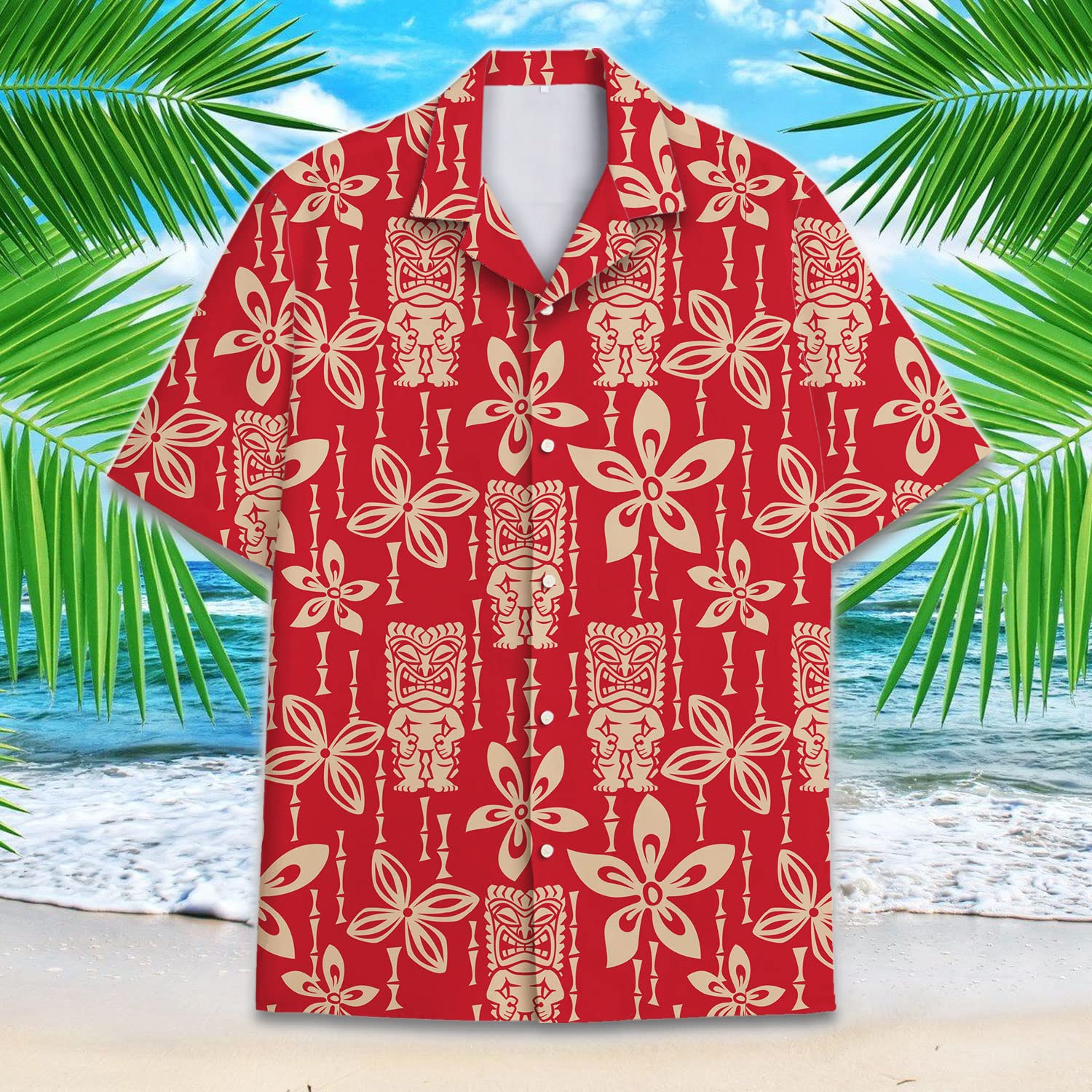 Red Tiki Hawaiian Shirt - Vintage Tribal Floral Print Aloha Beach Shirt