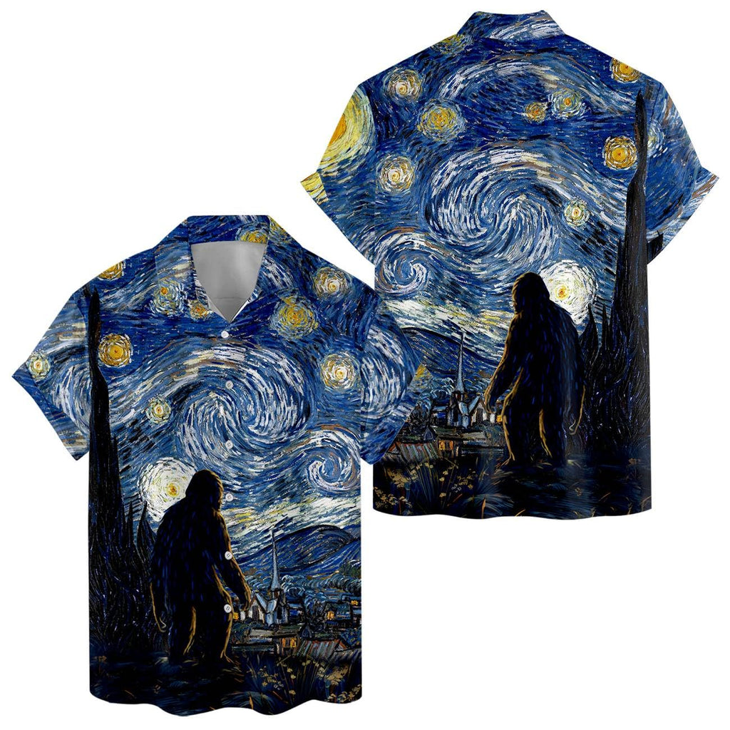 Bigfoot Starry Night Hawaiian Shirt - Funny Cryptid Art Tee