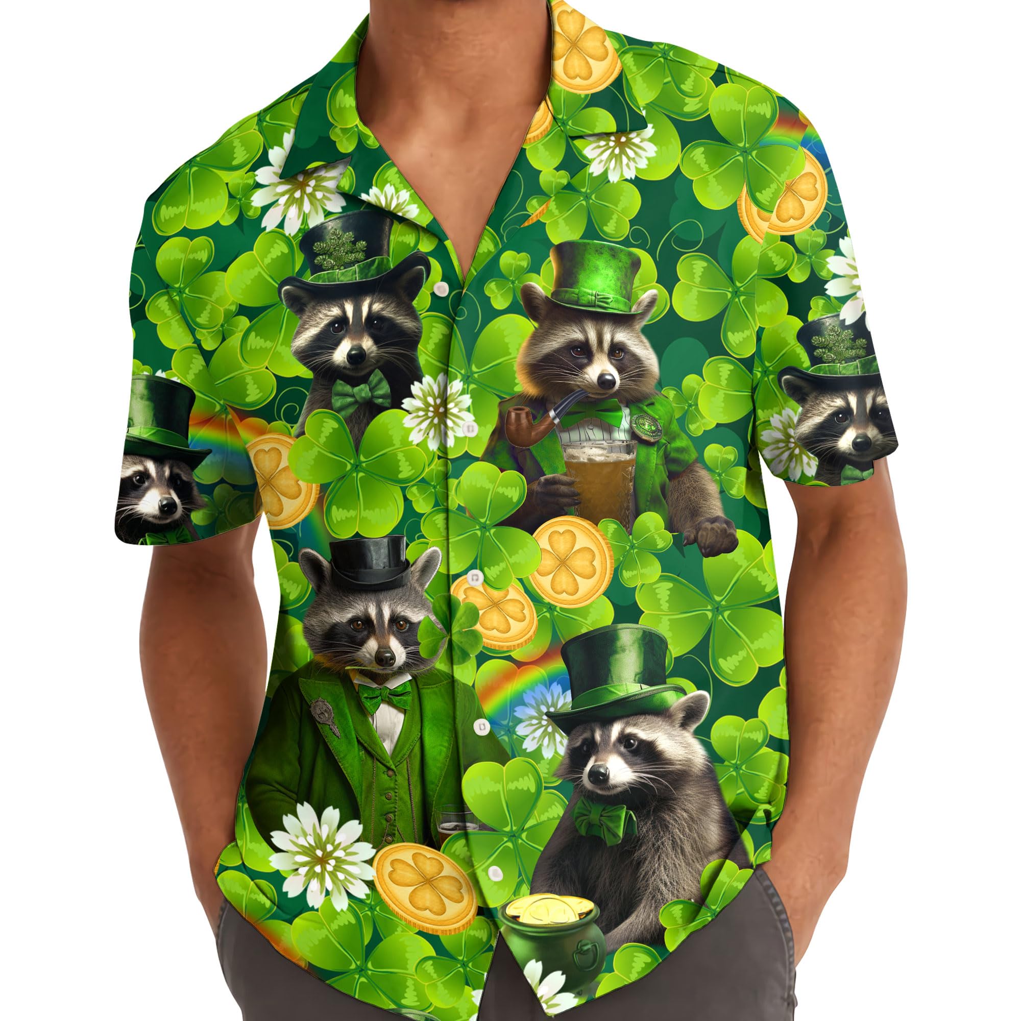 St. Patrick's Day Raccoon Hawaiian Shirt - Lucky Leprechaun Clover Print