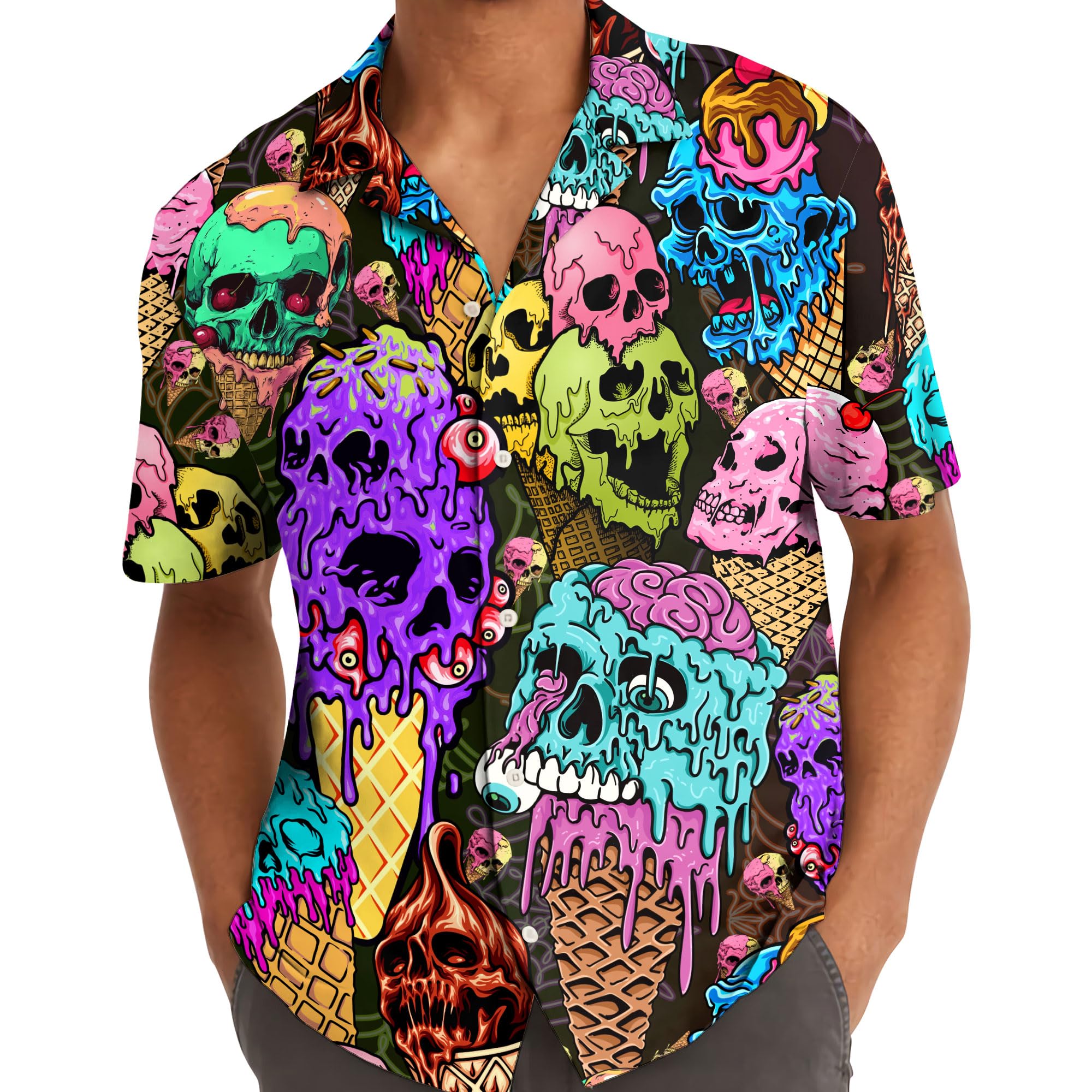 Creepy Ice Cream Skull Hawaiian Shirt - Halloween Horror Style Aloha Shirt
