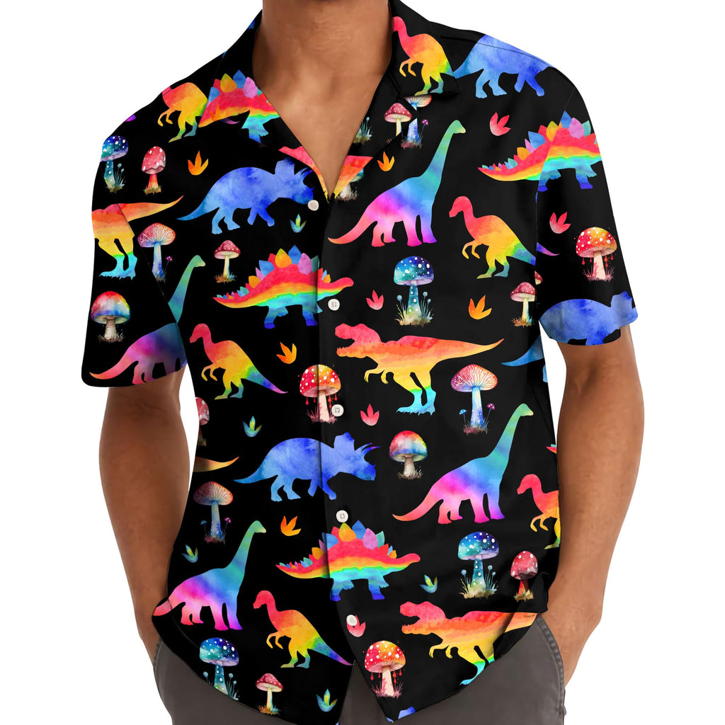 Rainbow Dinosaur Mushroom Hawaiian Shirt - Trippy Dino Aloha Shirt for Summer Fun