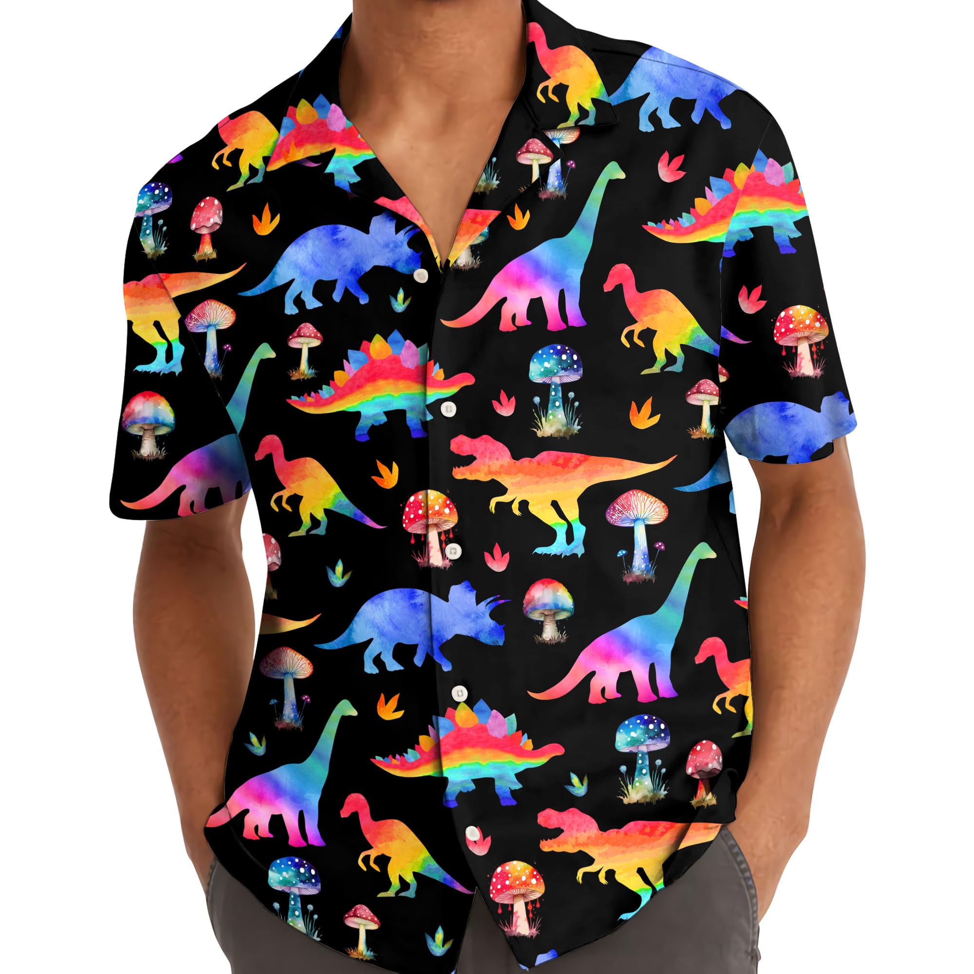 Rainbow Dinosaur Mushroom Hawaiian Shirt - Trippy Dino Aloha Shirt for Summer Fun