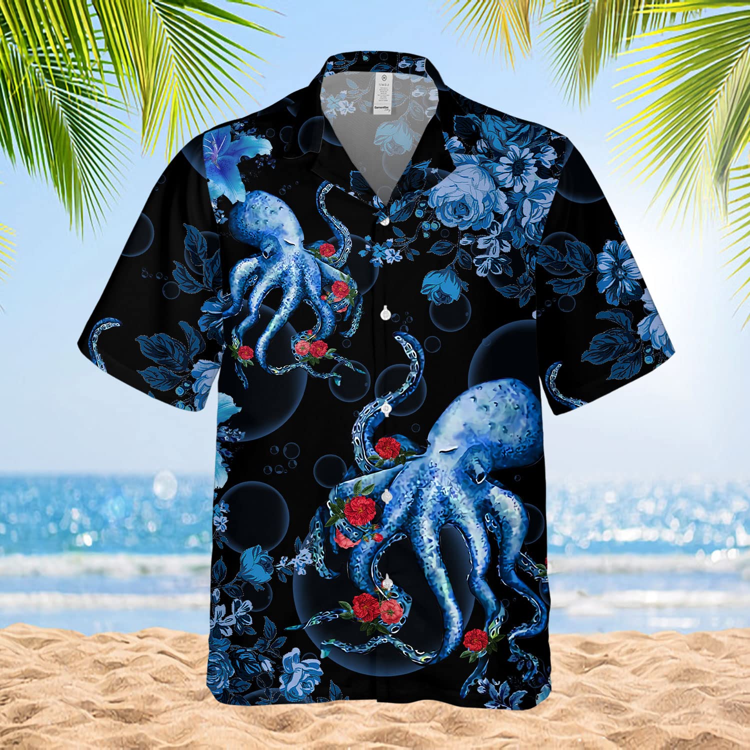 Octopus Floral Hawaiian Shirt - Blue Tentacle & Rose Print Aloha Shirt