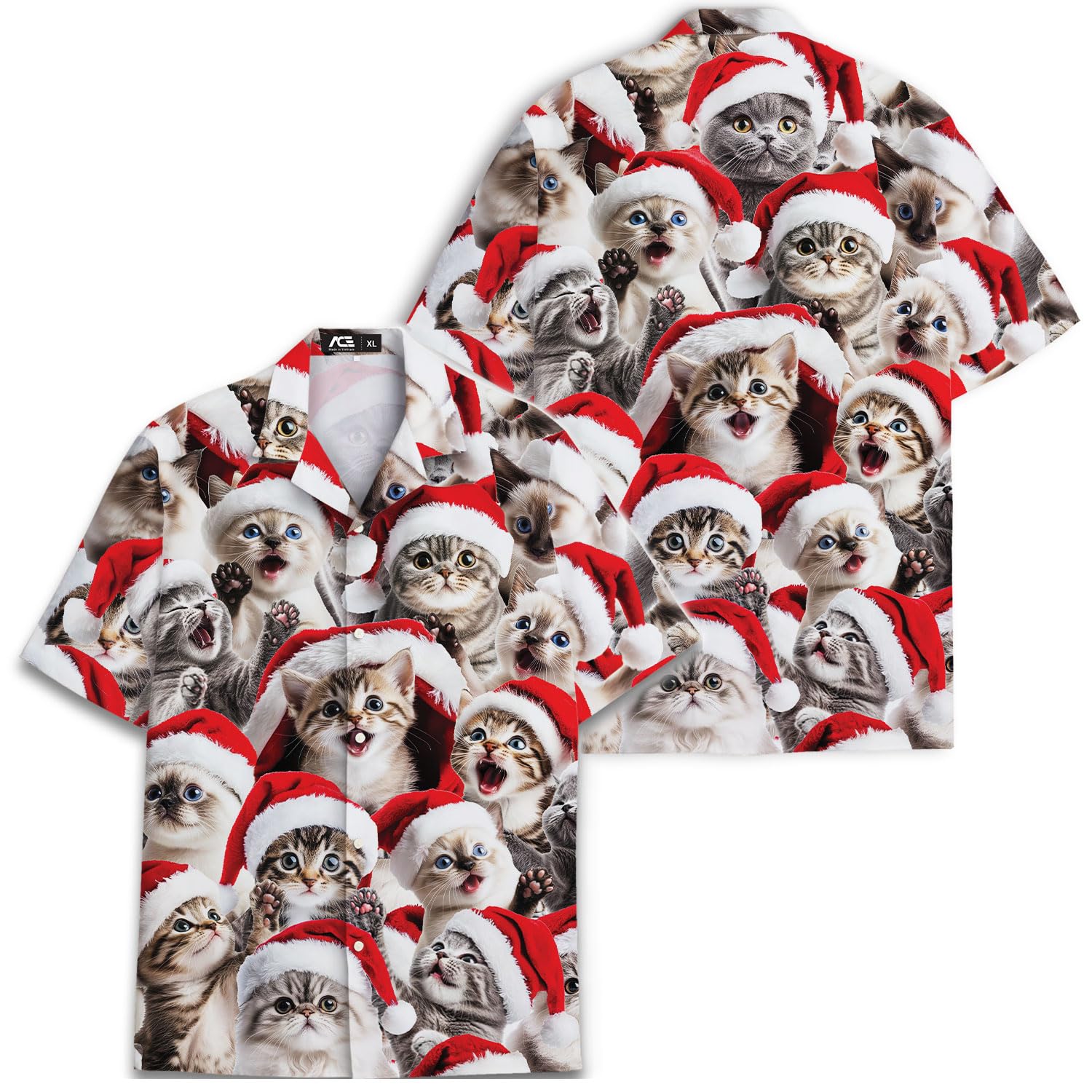 Christmas Cat Hawaiian Shirt - Cute Kittens in Santa Hats Aloha Shirt