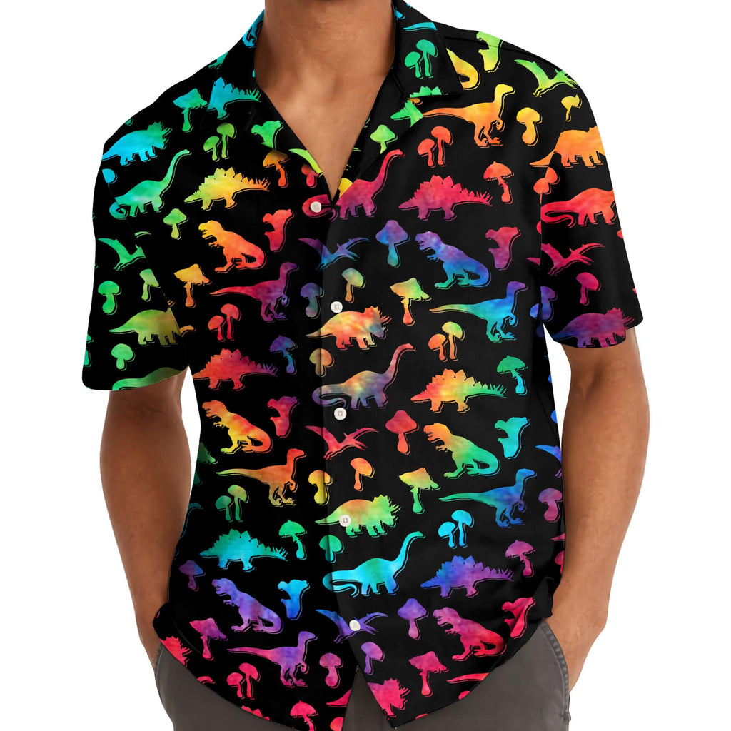 Rainbow Dinosaur Hawaiian Shirt - Colorful Dino & Mushroom Print
