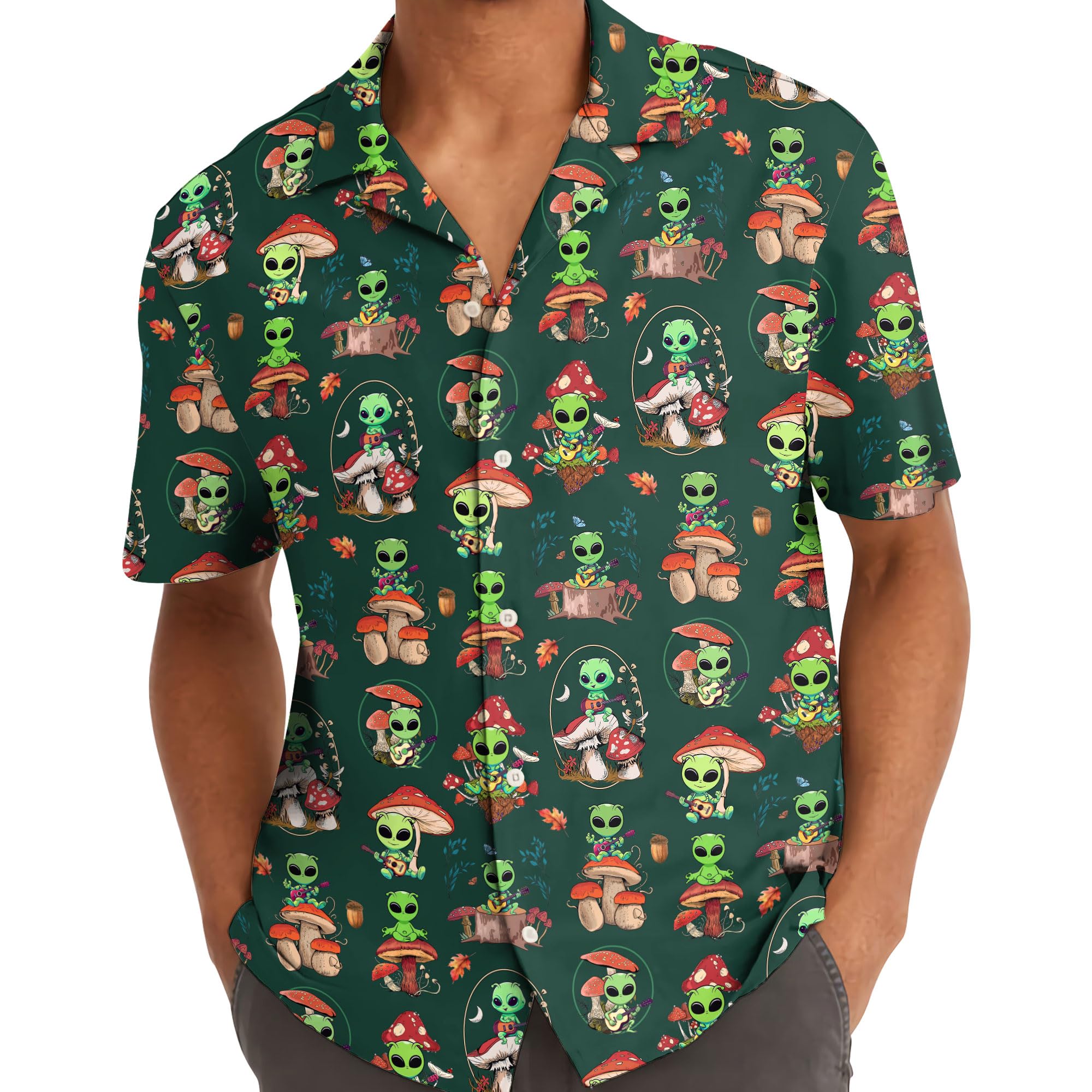 Alien Mushroom Hawaiian Shirt - Trippy Forest Alien Aloha Shirt