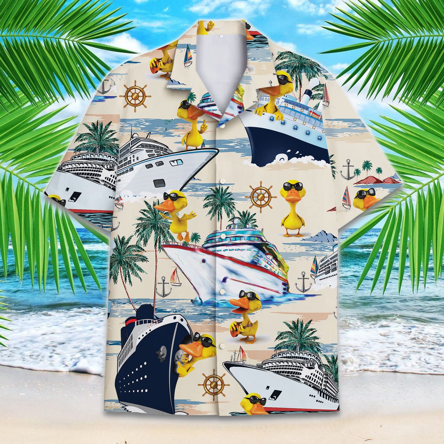 Cruise Duck Hawaiian Shirt - Funny Tropical Boat & Palm Print Aloha Shirt