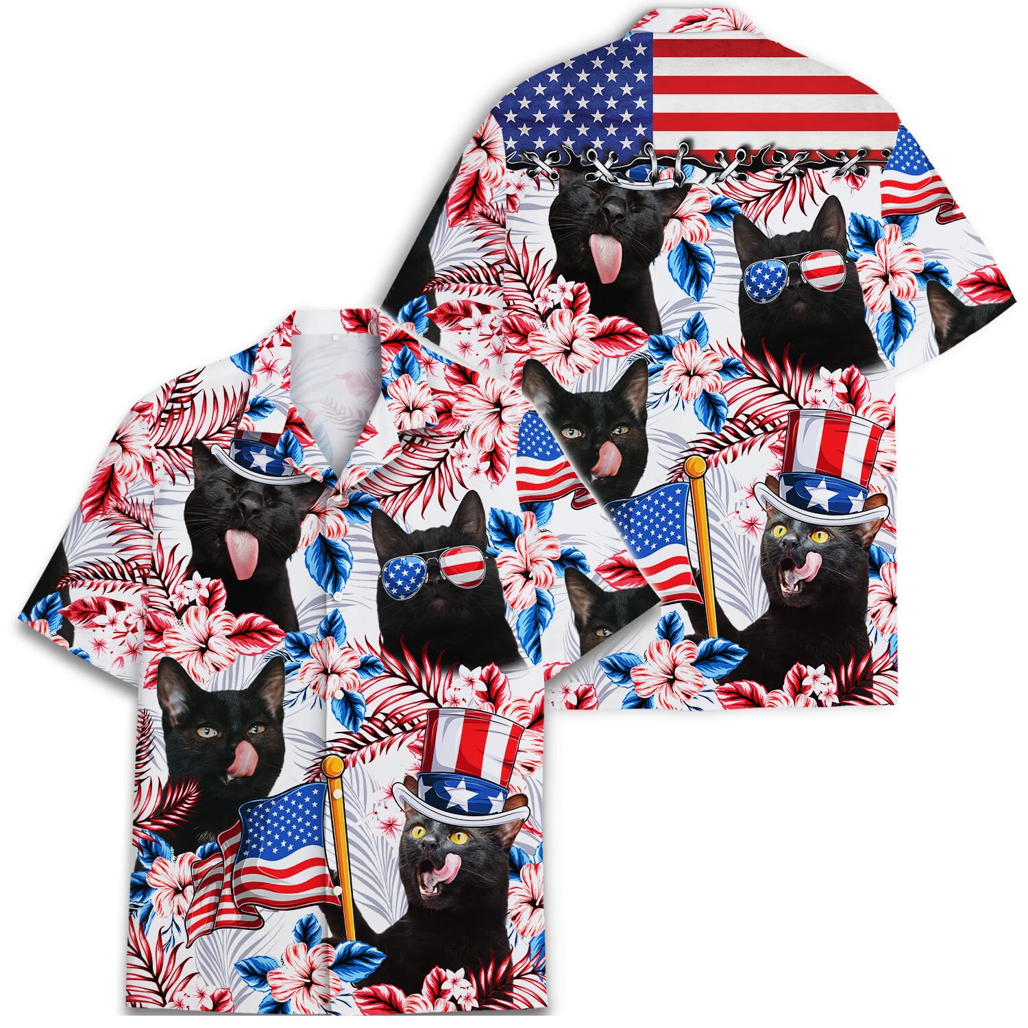 Black Cat Hawaiian Shirt - 4th of July Funny Patriotic Gift