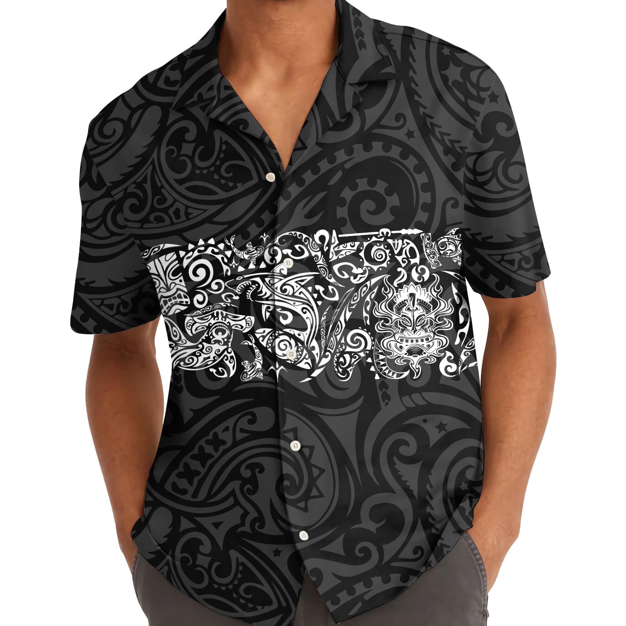 Black & White Polynesian Tribal Hawaiian Shirt - Island Warrior Style