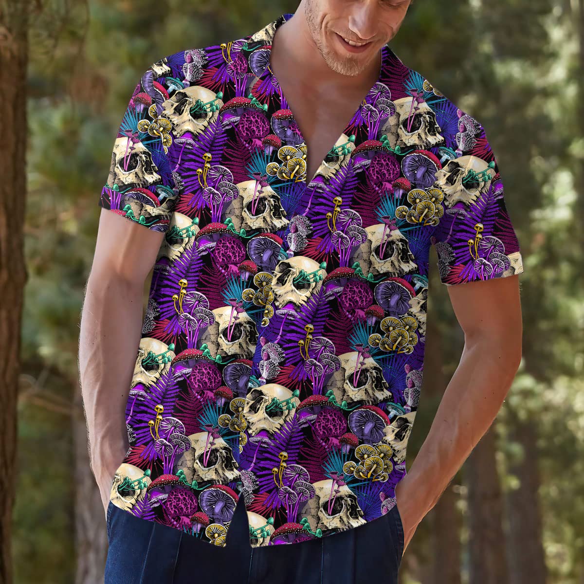 Skull & Mushroom Hawaiian Shirt - Dark Tropical Gothic Aloha Shirt for Men