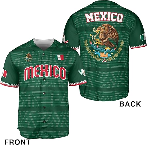 Mexico Green Baseball Jersey - Classic Flag Crest Aztec Shirt