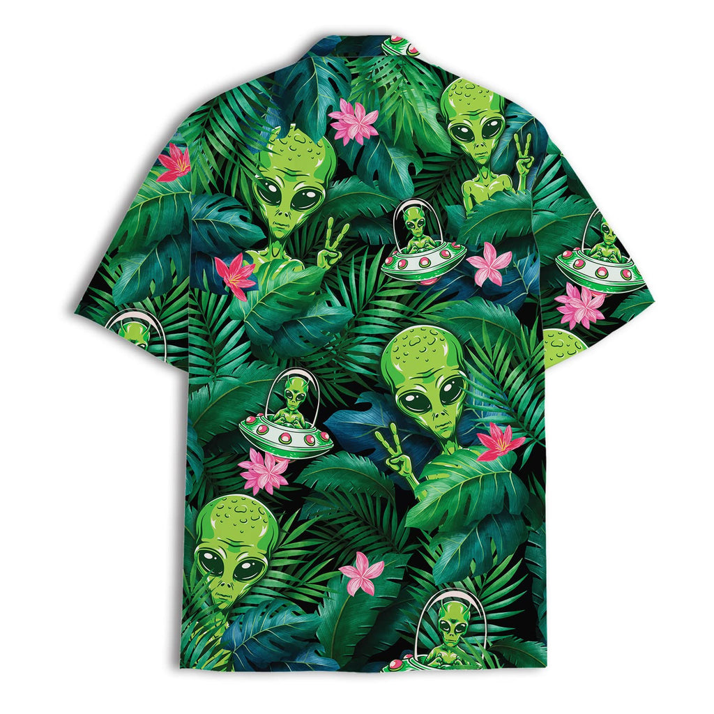 Alien Hawaiian Shirt - Funny UFO Aloha Shirt with Tropical Jungle & Peace Sign