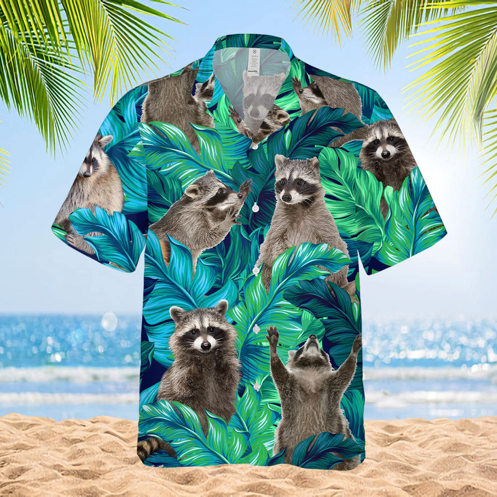 Funny Raccoon Hawaiian Shirt - Green Tropical Leaf Print Aloha Shirt