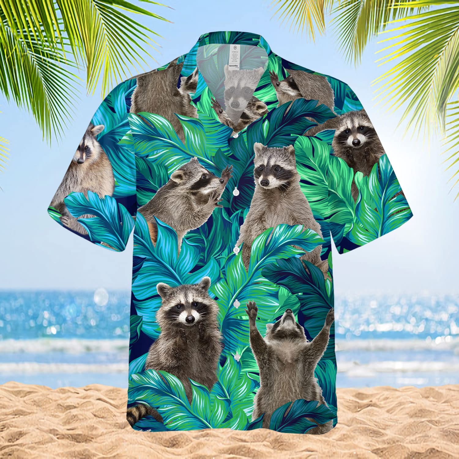 Funny Raccoon Hawaiian Shirt - Green Tropical Leaf Print Aloha Shirt