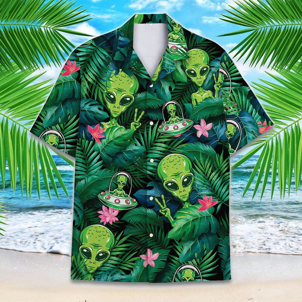 Alien Hawaiian Shirt - Funny UFO Aloha Shirt with Tropical Jungle & Peace Sign