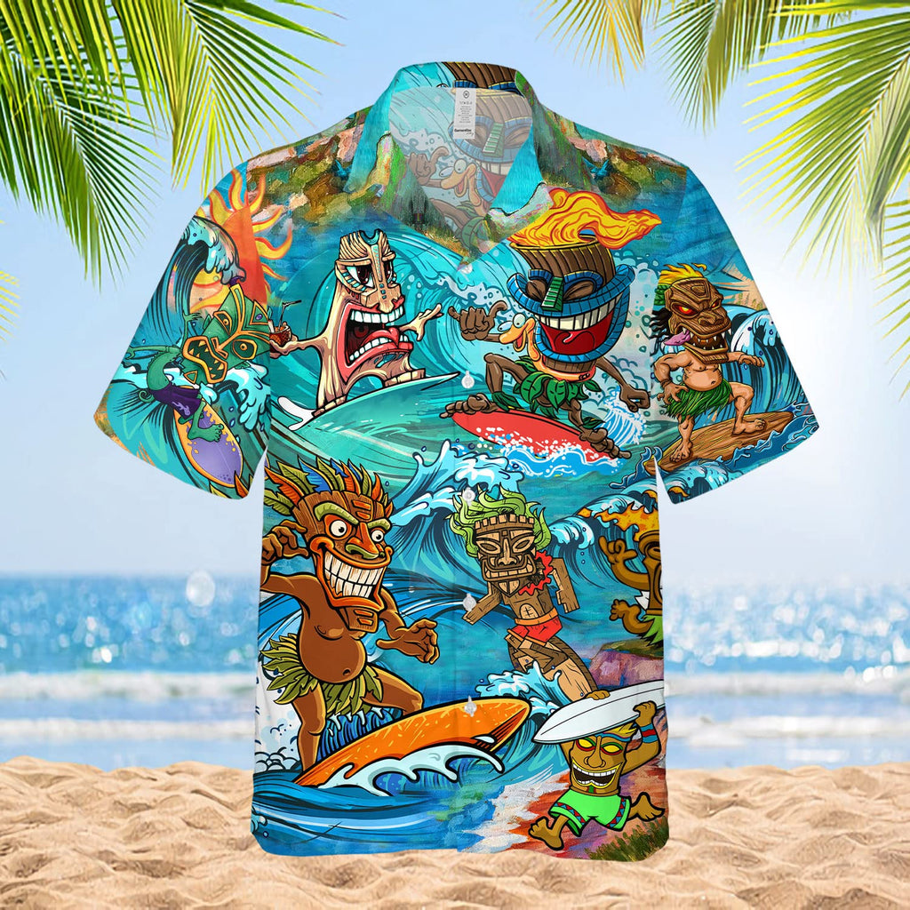Men's Funny Tiki Hawaiian Shirt - Cartoon Surfing Tribal Print Aloha Beach Button Down
