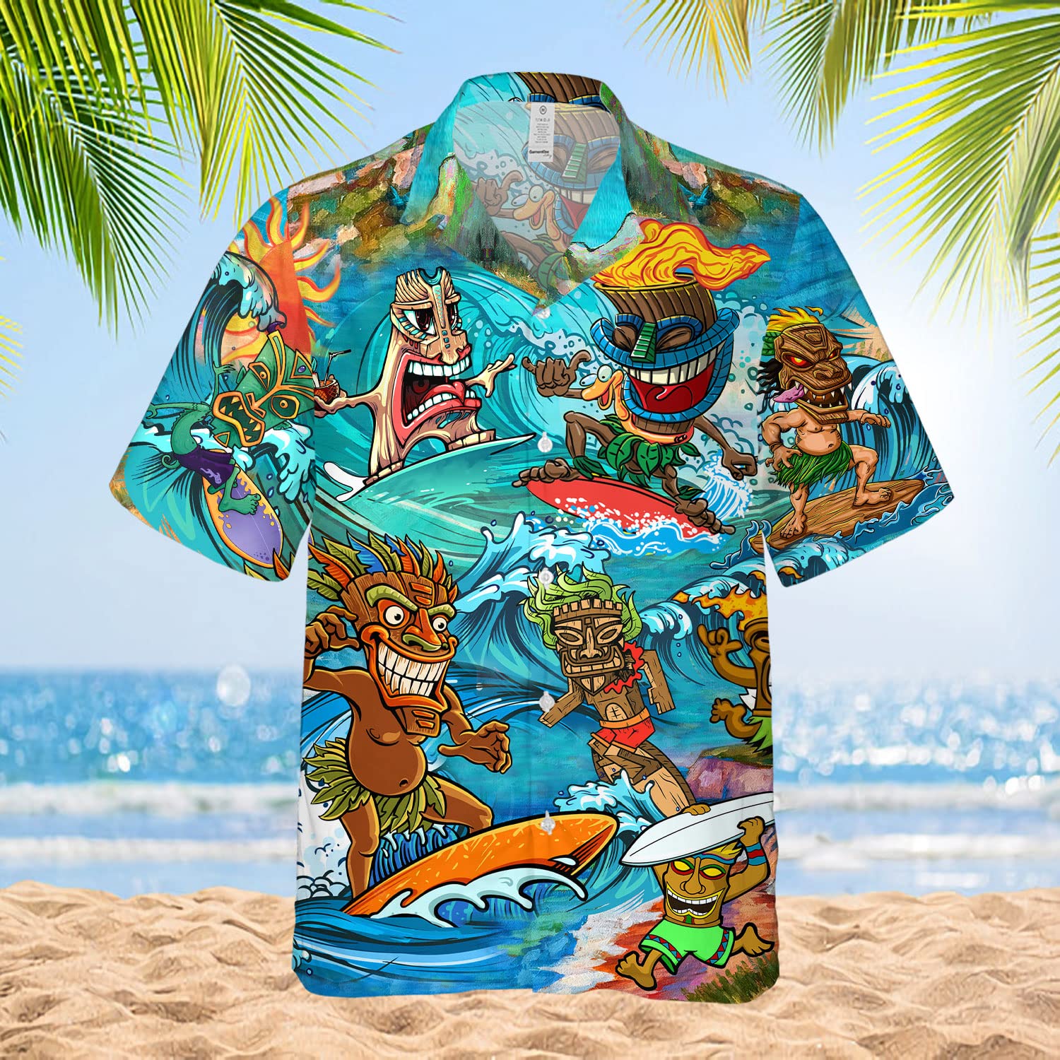 Men's Funny Tiki Hawaiian Shirt - Cartoon Surfing Tribal Print Aloha Beach Button Down