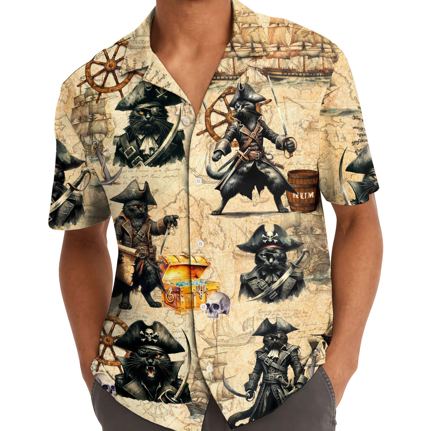 Pirate Cat Hawaiian Shirt - Funny Tropical Pirate Treasure Map Shirt