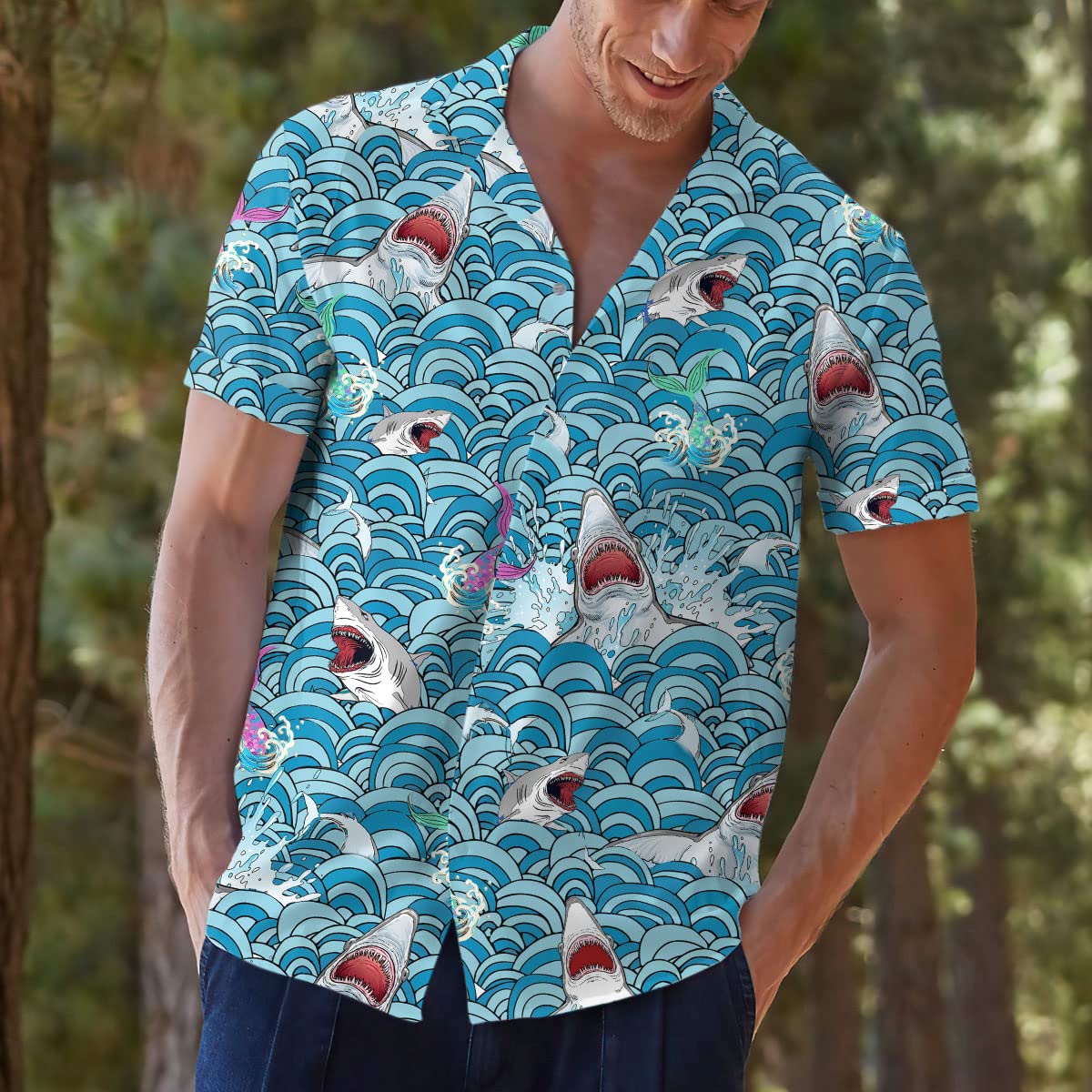 Shark Attack Hawaiian Shirt - Funny Ocean Waves & Mermaid Print Aloha Shirt